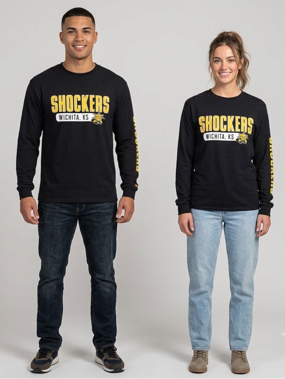 Shockers Wichita KS Black Long-Sleeve Tee, Wichita State Crewneck, Size Large
